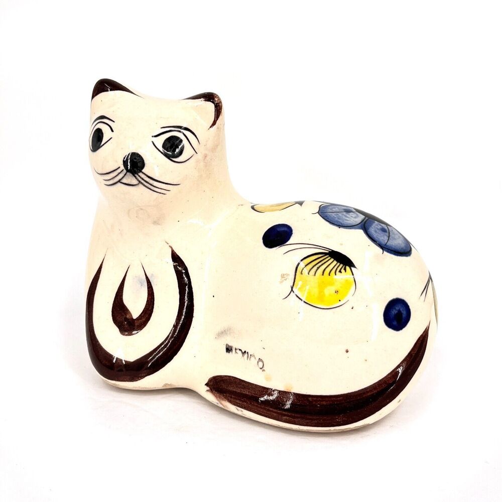 Tonala Cat Mexico Hand Painted Resting Cat Ceramic Figure